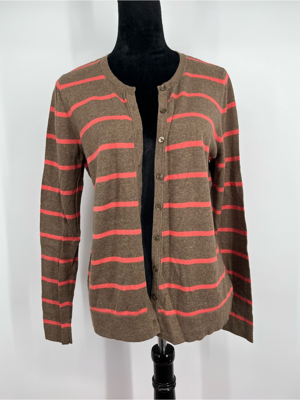 LOFT Brown and Coral Striped Cardigan